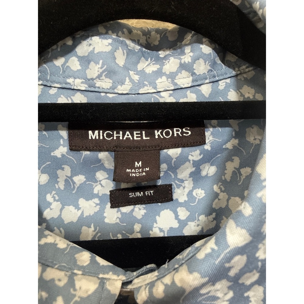 Michael Kors Mens Blue White Floral Short Sleeve Slim Fit Button Down Shirt M - Picture 2 of 5